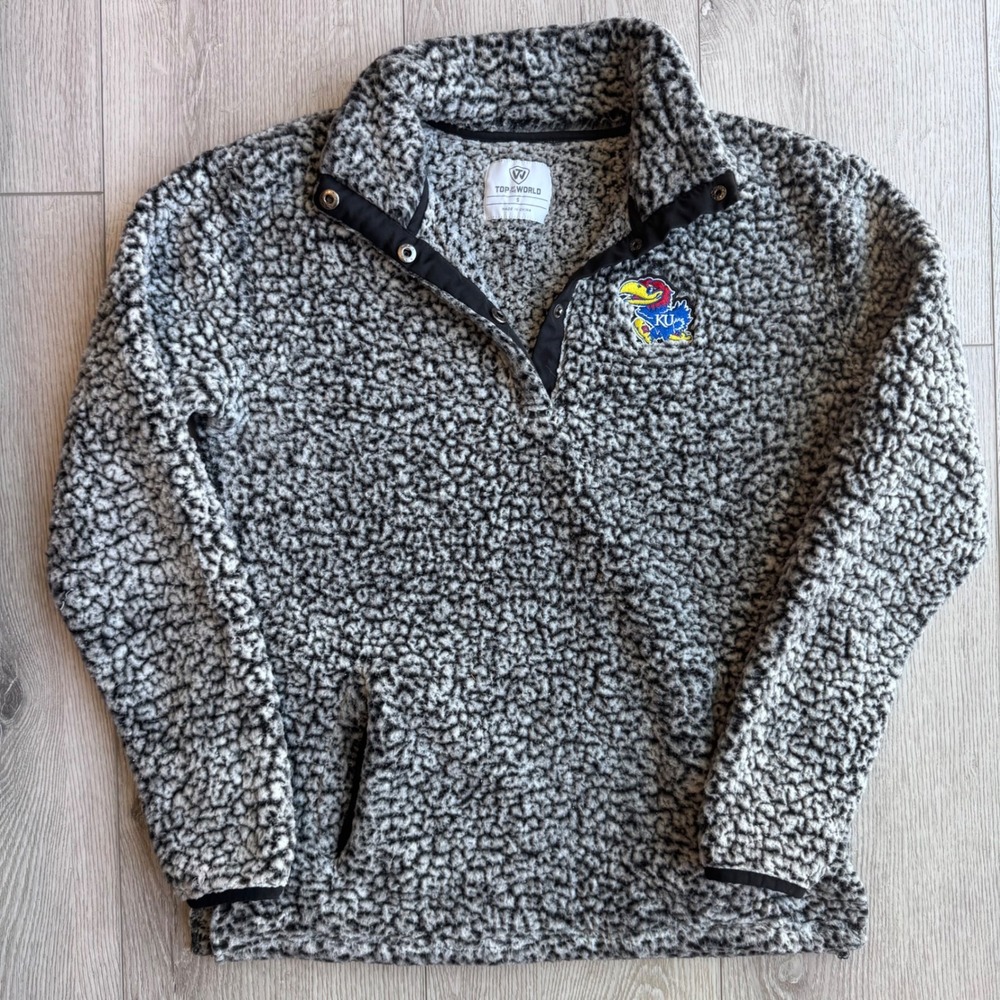 Top of the World Kansas Jayhawks Sherpa Fleece Pullover Small KU NCAA Gray Black
